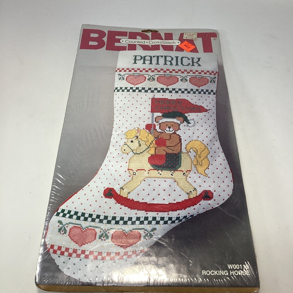 Vintage Bernat Christmas Cross Stitch Kit Rocking Horse Stocking Hearts Teddy